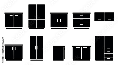 A collection of black silhouette icons representing various furniture pieces including wardrobes, cabinets, and drawers, perfect for design and illustration.