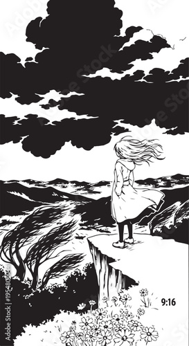 Vector illustration of a girl standing on cliff edge with windy hair and dark clouds