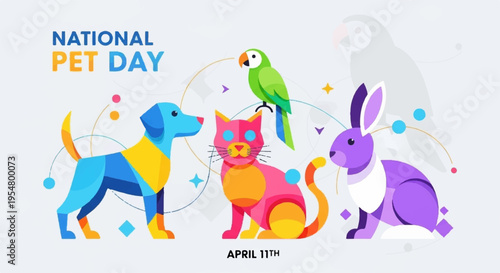 Colorful pets dog cat parrot rabbit celebrate national pet day april 11th fun