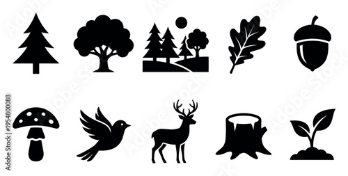 A collection of black silhouette icons representing various elements of nature and wildlife found in a forest, including trees, a deer, a bird, and a mushroom.