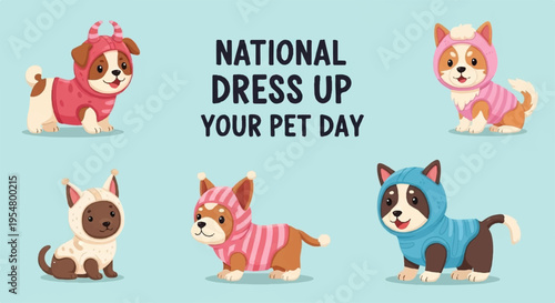 Cute dogs in various colorful costumes for national dress up your pet day fun pet theme