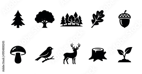 A collection of black vector icons representing forest elements like trees, a deer, acorn, mushroom, bird, and seedling, ideal for nature and environment themes.