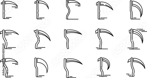 Minimal scythe icons collection with farming harvest tools outline vector illustration