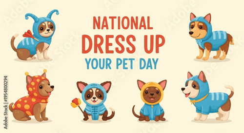 Cute dogs in various costumes celebrating national dress up your pet day with festive attire