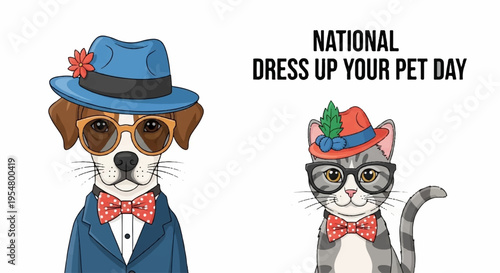 Dressed up dog and cat in hats and glasses on national dress up your pet day