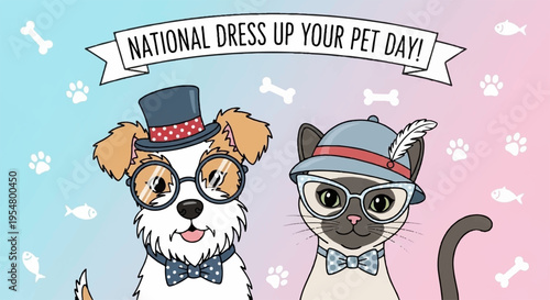 Dressed up dog and cat in hats and glasses on national dress up your pet day with paw prints background