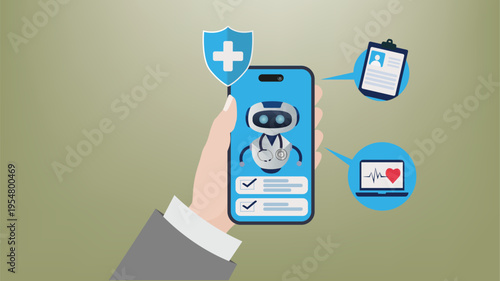 AI Healthcare App Mobile Interface with Medical Robot Doctor Telemedicine Digital Health Concept