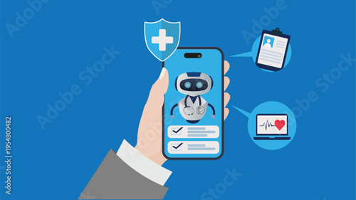 AI Healthcare App Mobile Interface with Medical Robot Doctor Telemedicine Digital Health Concept