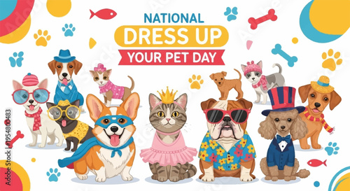 Dressed up pets in various costumes and accessories for national dress up your pet day