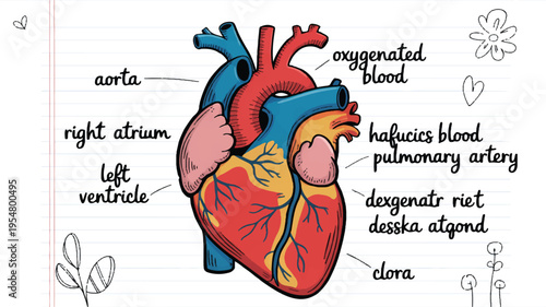 A hand-drawn medical illustration of a human heart on lined notebook paper