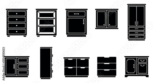 Collection of flat black and white iconographic illustrations of various furniture storage units like dressers, wardrobes, and cabinets, isolated on white background.
