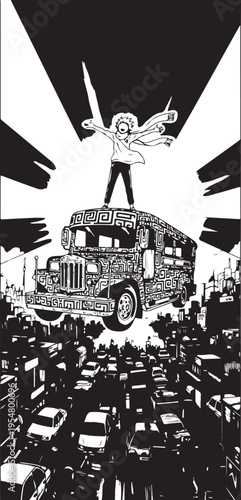 Black and white illustration of a person on top of a bus with a crowd