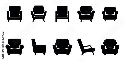 A collection of black armchair icons presented from multiple perspectives on a clean white background, ideal for design and illustration projects.