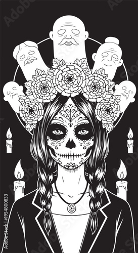 Vector illustration of woman with sugar skull makeup and floral headdress
