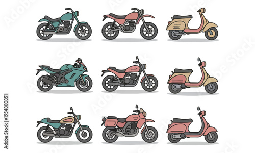 Motorcycle Collection Icons with Scooter Sport Bike and Cafe Racer