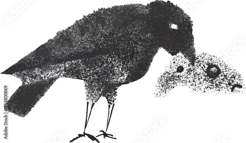 Monochrome crow bird with cheese in beak emblem design. Stamp picture for fairy tales. Medieval or epidemic concept for symbols and labels templates.