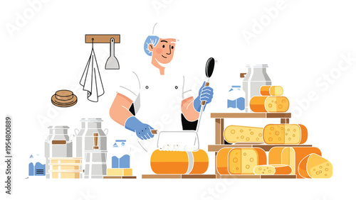 Crafting Dairy Delights: A skilled artisan, enveloped in the art of cheese-making, curates an array of fresh, flavorful cheeses within a rustic, traditional setting. 