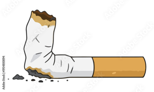 Cigarette butt with ash stub isolated on white background