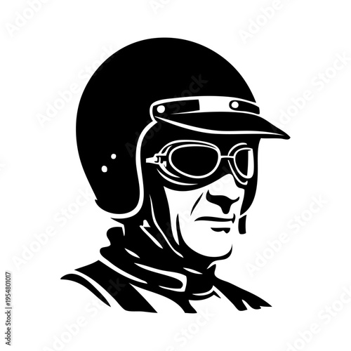 Logotipo con dibujo minimalista de la cabeza de un hombre con casco de motociclista y gafas de protección estilo retro 