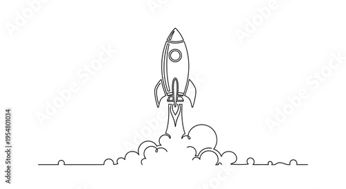 Rocket launch continuous line art illustration on white background