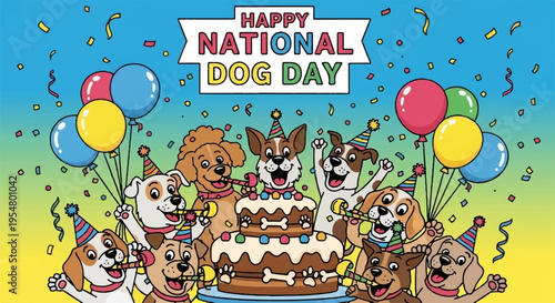 Happy national dog day celebration with dogs and cake