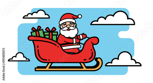 Santa Claus joyfully riding a red sleigh filled with colorful gifts, set against a bright blue sky with fluffy white clouds in a cheerful cartoon style