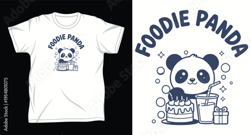 Cute foodie panda bear eating cake and drinking milk tea vector t-shirt design