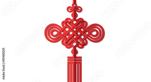 Intricate red Chinese knot decoration with symmetrical loops and tassels on white background, symbolizing prosperity and good fortune