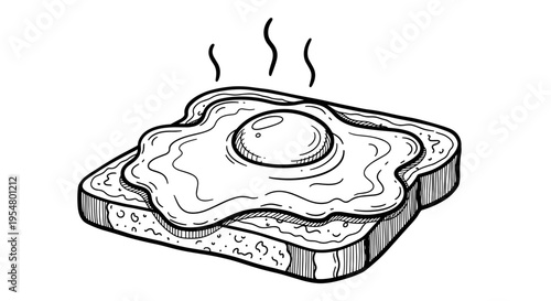 Illustration of a fried egg resting on a slice of toast with steam rising, black and white line art style, isolated on a white background