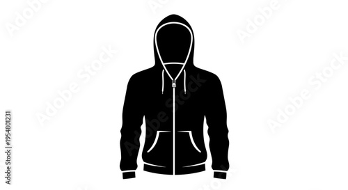Minimalist black hoodie illustration with front zipper on white background, featuring drawstring detail and pocket design
