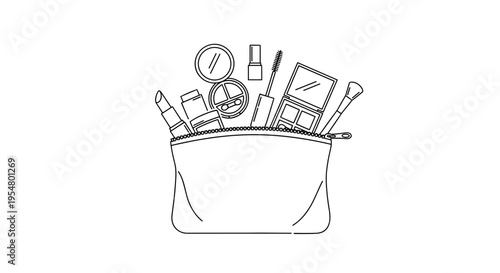 Illustration of a makeup bag with various cosmetic products including lipsticks and brushes, outlined in black on a white background