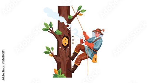 Beekeeper at Work: A beekeeper meticulously ascends a tree, carefully tending to a bee colony. He is seen with a smoker and protective gear as he harvests honey or tends to the hive. 