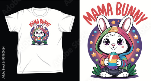 Mama bunny cute rabbit holding rainbow egg, colorful illustration for mothers, easter holiday design