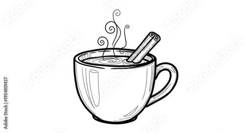 Illustration of a steaming hot cocoa in a mug with a cinnamon stick, black and white line art on a white background