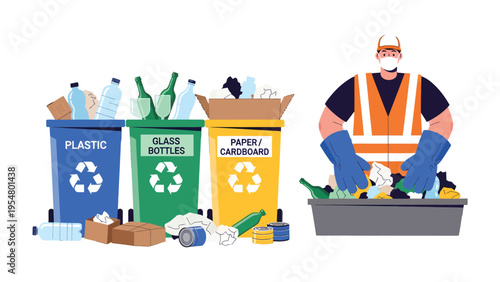 Recycling Effort: A dedicated recycling worker sorts through various recyclable items into their designated bins, promoting sustainability and waste management. 