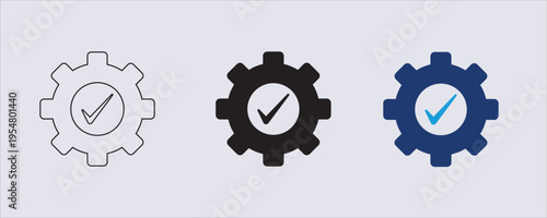 A quality control icon, featuring a gear with a checkmark inside, It is commonly used to represent an approved process, system validation, or engineering development success.