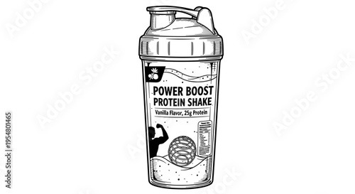 Monochrome illustration of a protein shake bottle with a detailed label design featuring fitness motifs and bold typography