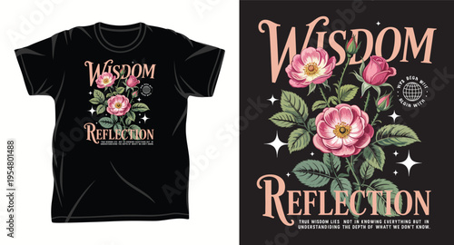 Wisdom reflection vintage rose tshirt design with detailed pink blossoms and celestial stars