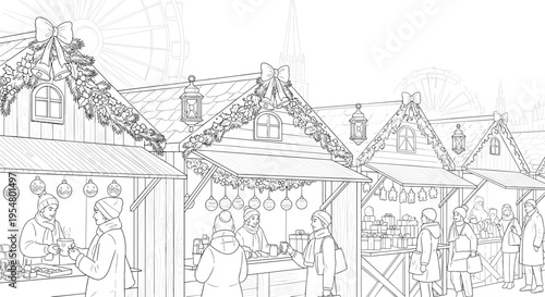 Intricate illustration of festive Christmas market stalls adorned with garlands and lights, bustling with visitors under a clear winter sky