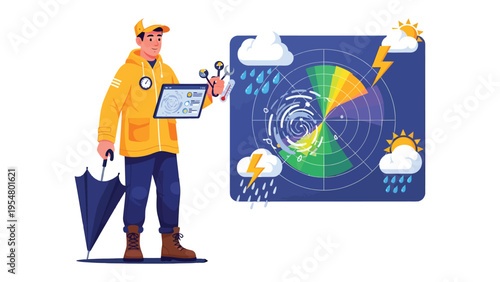Forecaster in action: The forecaster analyzes the radar, with detailed weather information. Displaying knowledge and professionalism in the field of weather forecast.