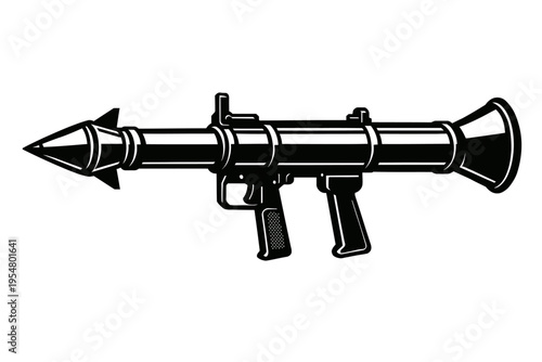 Black and white vector of a powerful rocket launcher with missile loaded. Iconic military anti-tank weapon, RPG, represents high-impact combat, explosive power, tactical warfare, and strategic battlef