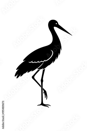 Elegant black silhouette of a solitary wading bird, perhaps a majestic stork or graceful crane, standing perfectly on one leg with a long beak and slender form, depicted in a minimalistic vector style