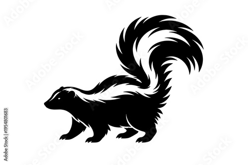 Bold black and white skunk vector illustration with iconic white stripes and a dynamically depicted bushy tail. This stylized graphic design perfectly captures the distinctive essence of this unique N