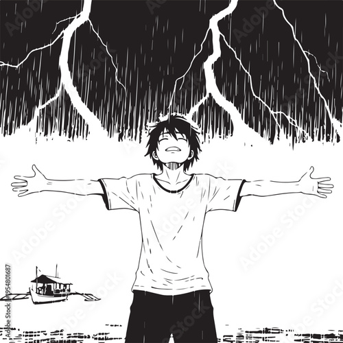 Vector illustration of a man standing in the rain with arms outstretched