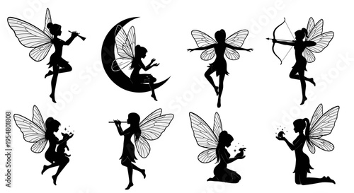 Magical fairy silhouettes collection with intricate butterfly wings isolated on a white background