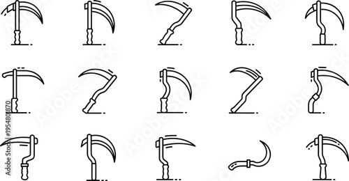 Scythe tool icon set with different shapes farming equipment line art vector illustration