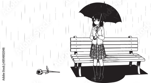 Vector illustration of a girl with umbrella on a rainy day bench scene