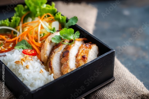 Savory grilled chicken breast with rice and fresh salad in black bento box on rustic burlap