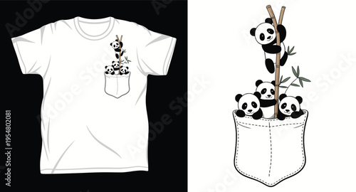 Cute pandas in a pocket, adorable pandas climbing bamboo on a fun t-shirt design