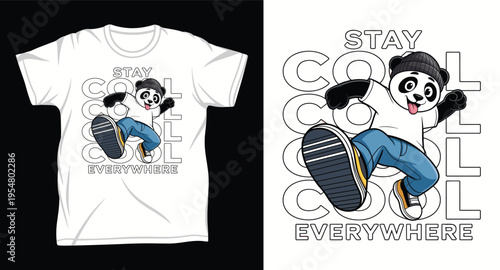 Stay cool everywhere panda character wearing beanie and sneakers jumping for t-shirt